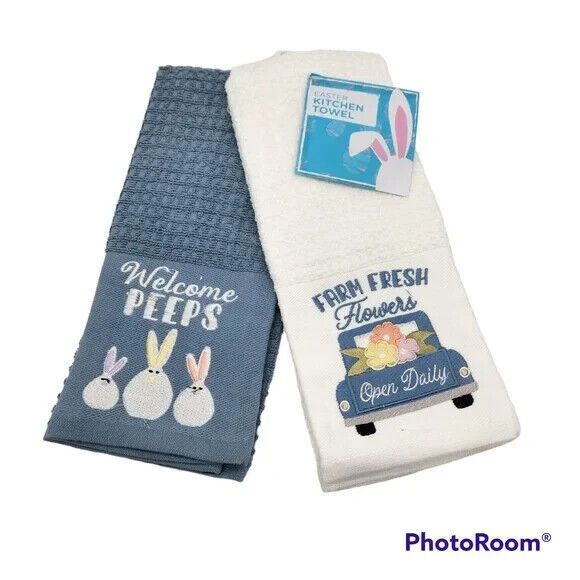 Easter Kitchen Towel 2-Pc Set Blue Truck Flowers Bunnies Peeps Spring Farmhouse - Picture 1 of 6